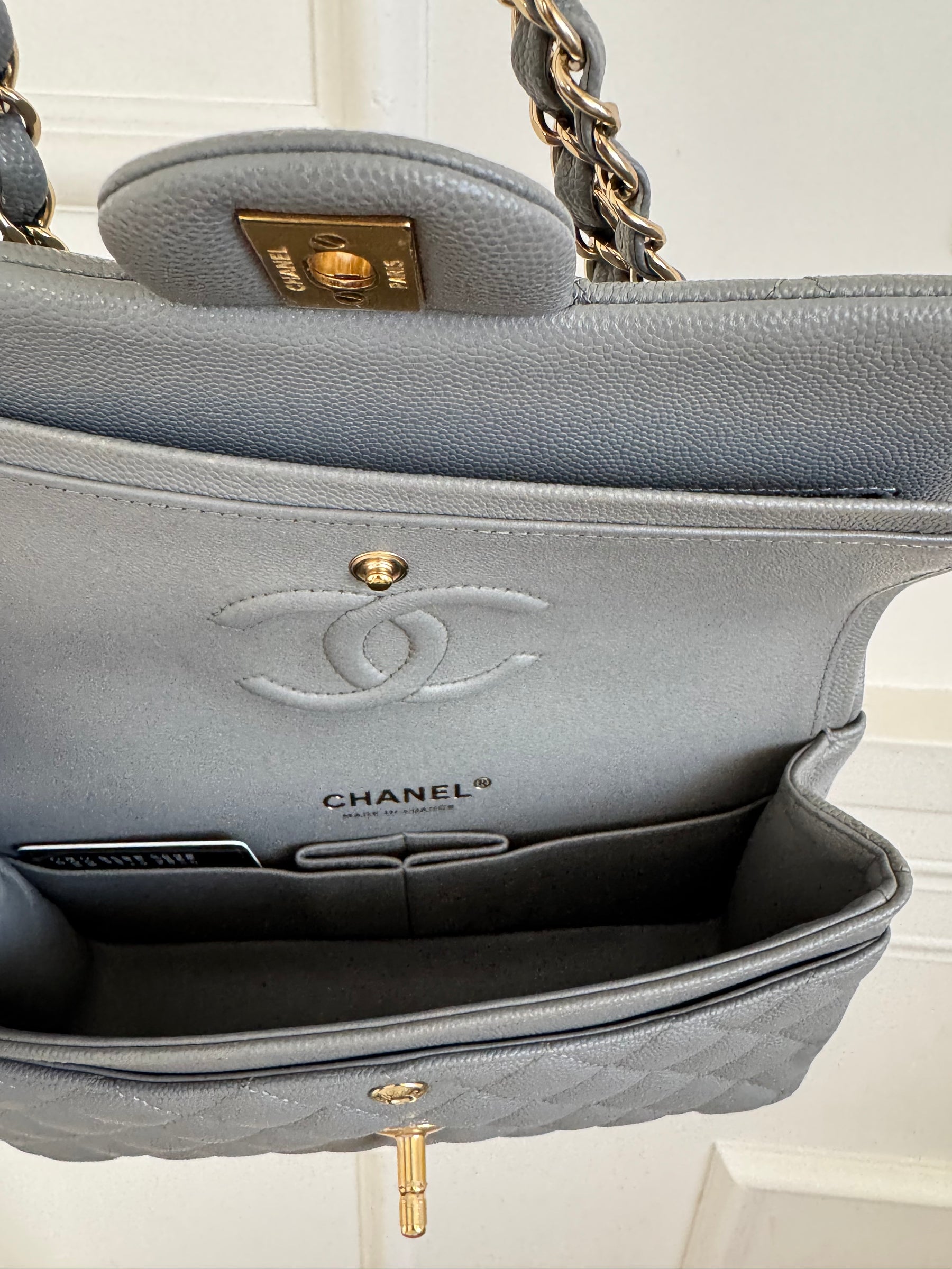 Chanel Small Grey Caviar Leather Flap Bag With Gold Tone Hardware