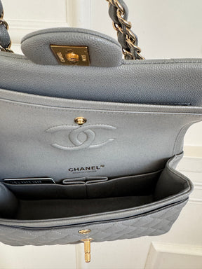 Chanel Small Grey Caviar Leather Flap Bag With Gold Tone Hardware