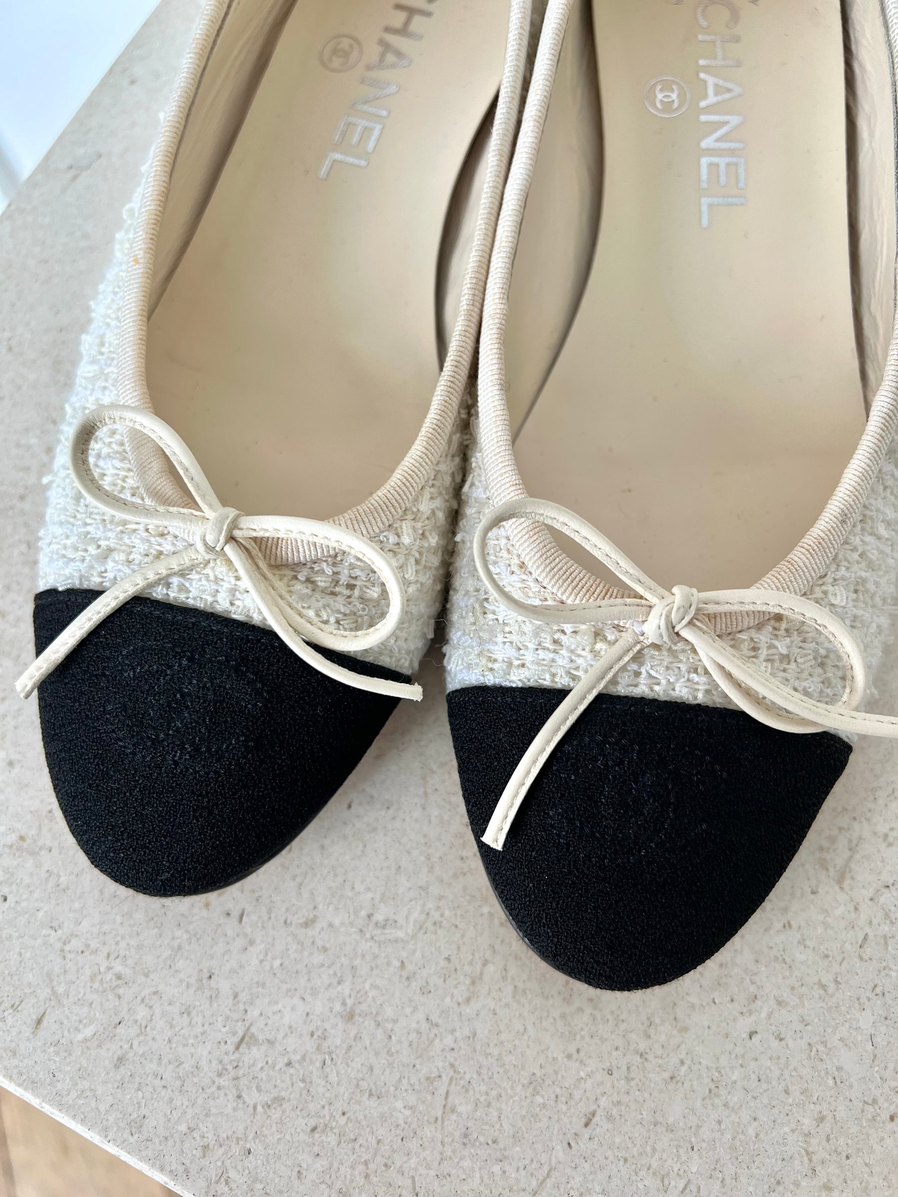 Chanel Cream Tweed Logo Ballet Flats, 37C
