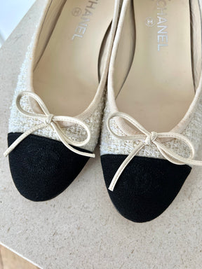 Chanel Cream Tweed Logo Ballet Flats, 37C