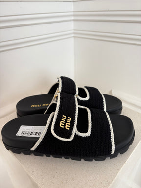 Miu Miu Black Crochet with White Knit Logo Slides, 40