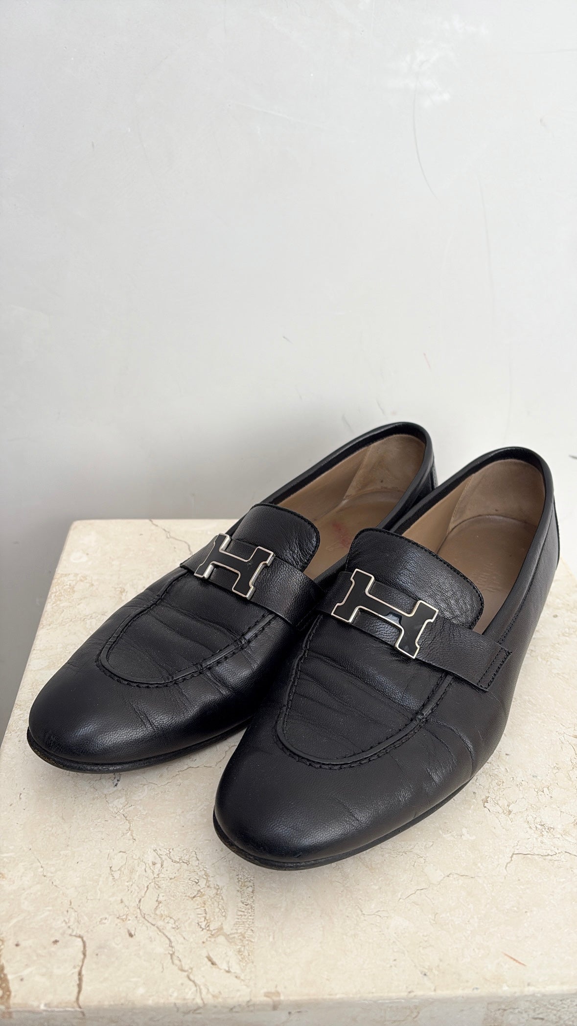 Hermès Black Leather Loafers, 39