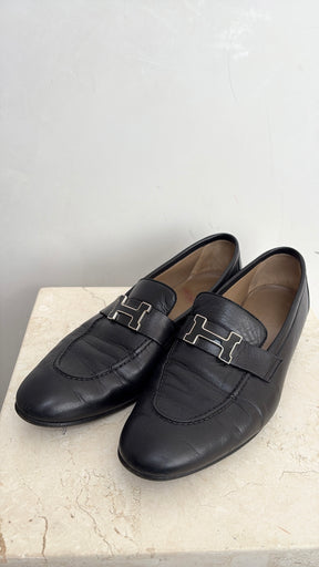 Hermès Black Leather Loafers, 39