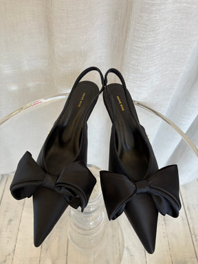 Anine Bing Black Satin Bow Front Pointed Slingback, 40