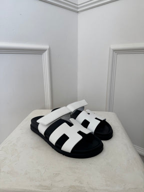 Hermès White Leather Chypre Sandals, 38