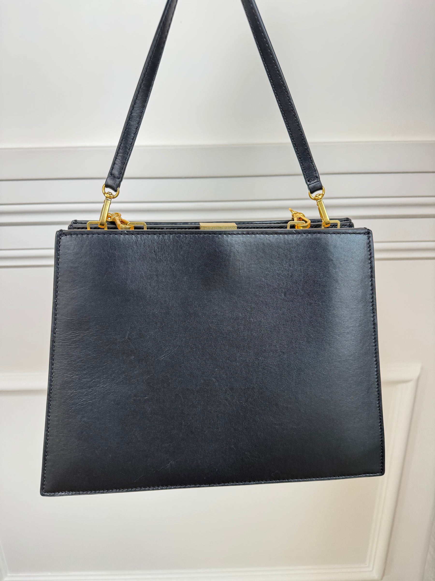 Oroton Black Leather Top Handle Gold Frame Shoulder Bag