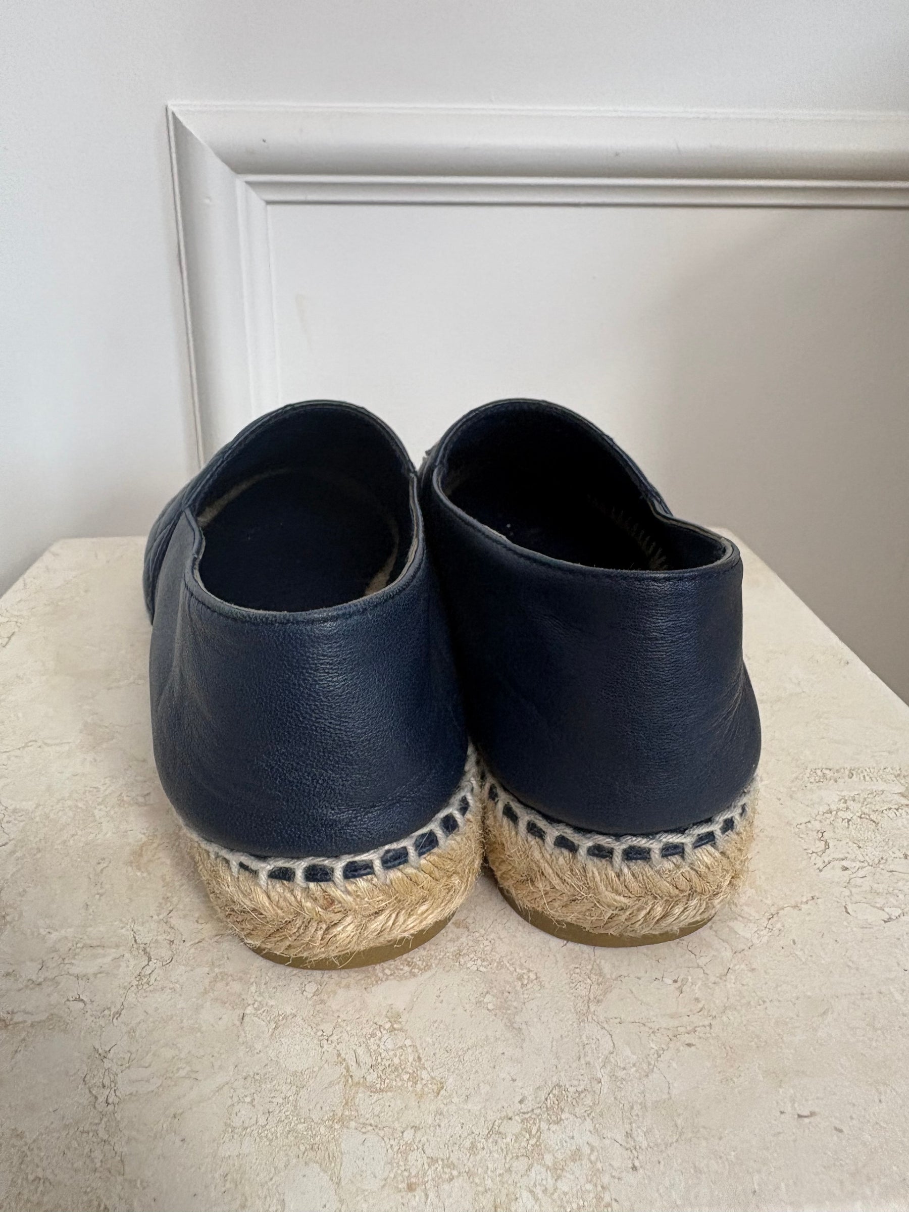 Chanel Navy and White Quilted Logo Espadrilles, 38