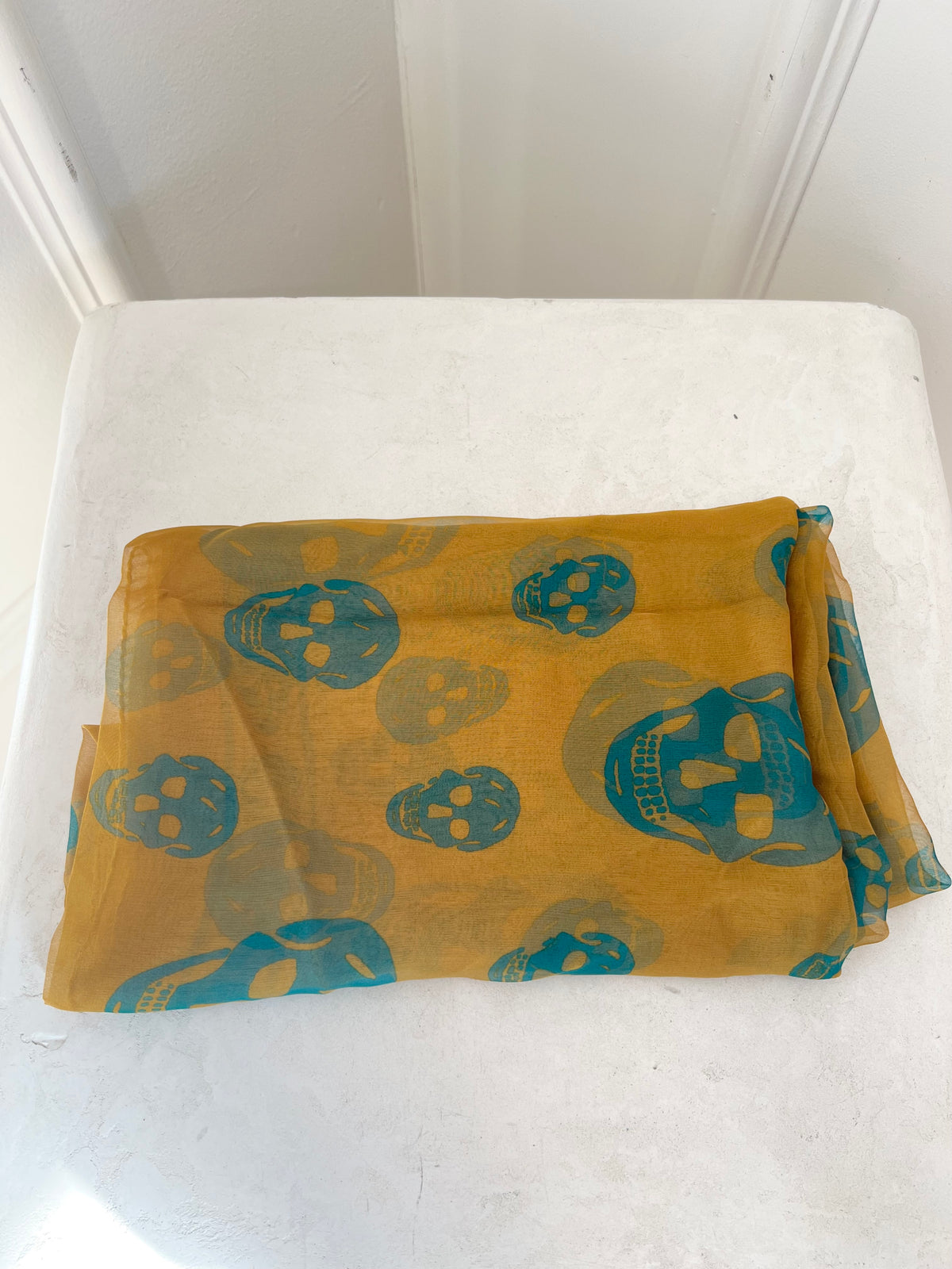 Alexander McQueen Mustard Teal Silk Scull Scarf