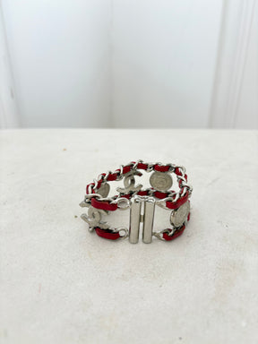 Chanel Red Leather and Silver Logo Chain Bracelet