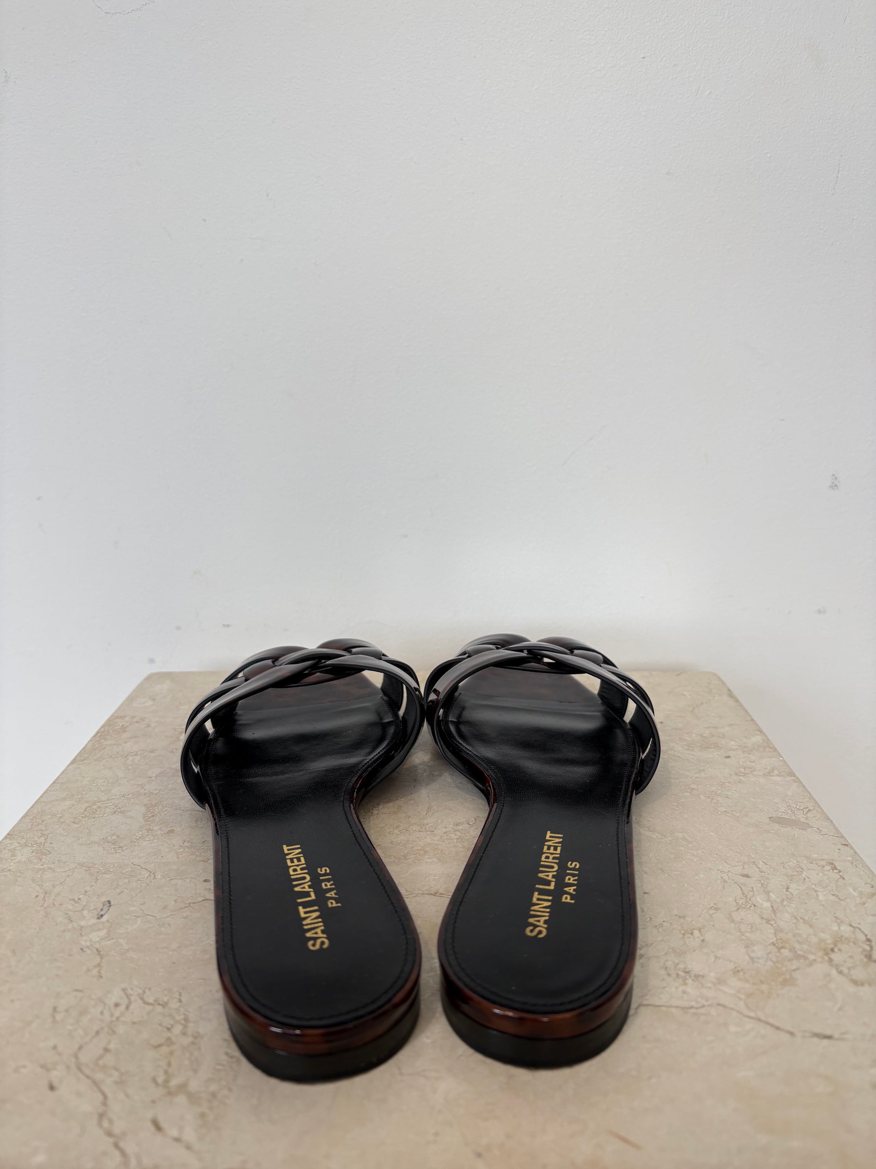 YSL Tribute Slip-On Sandals In Tortoise Shell, 38.5