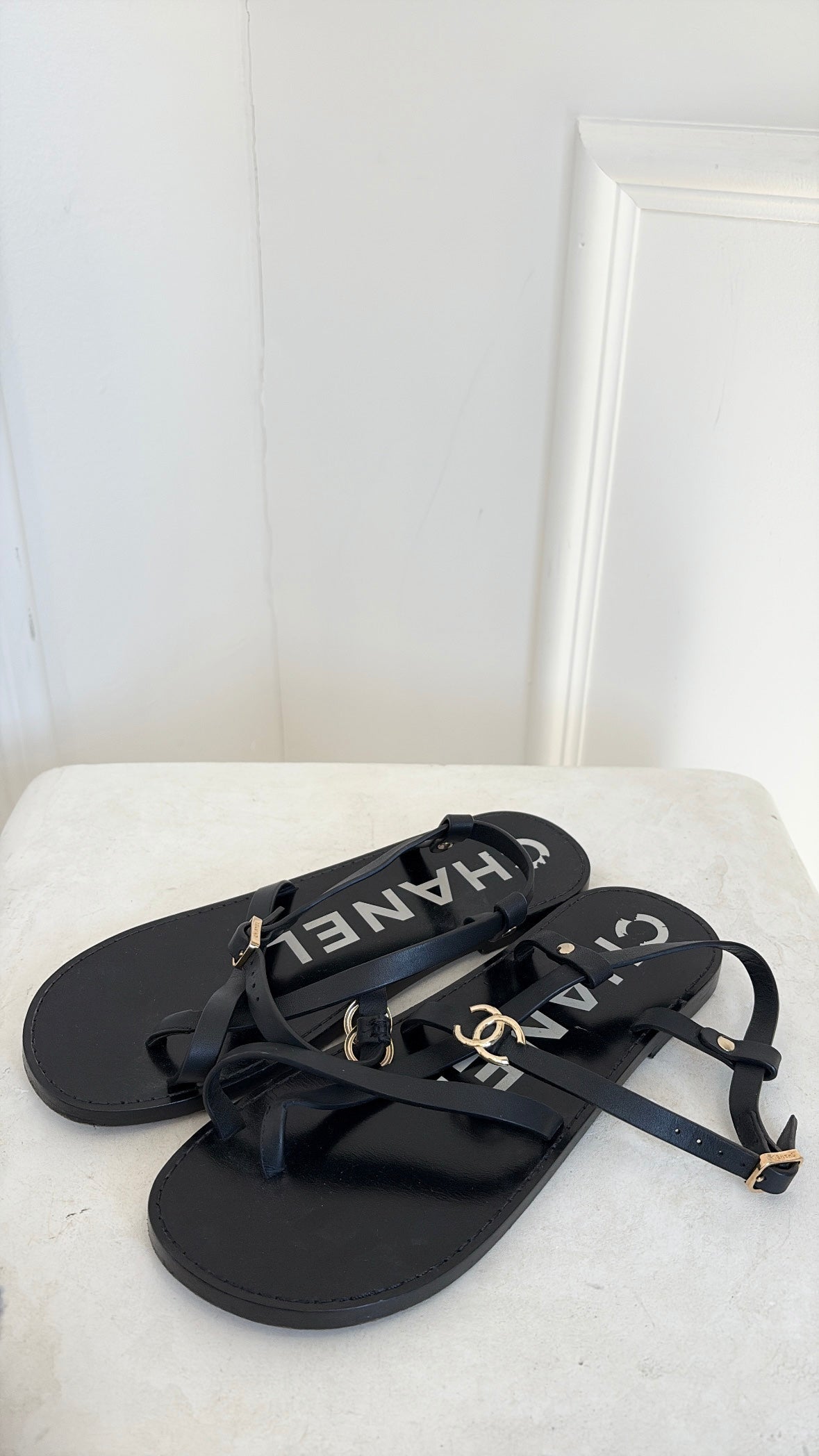 Chanel Black Leather Logo Strappy Sandal, 38