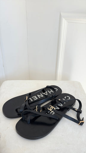 Chanel Black Leather Logo Strappy Sandal, 38