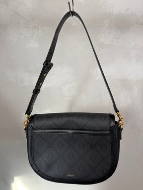 Oroton Black and Charcoal Monogram half Moon Flap Bag