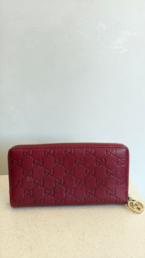 Gucci Red Leather Monogram Zipped Long Wallet