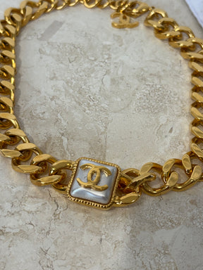 Chanel Gold Tone and Pearl Logo Chain Choker