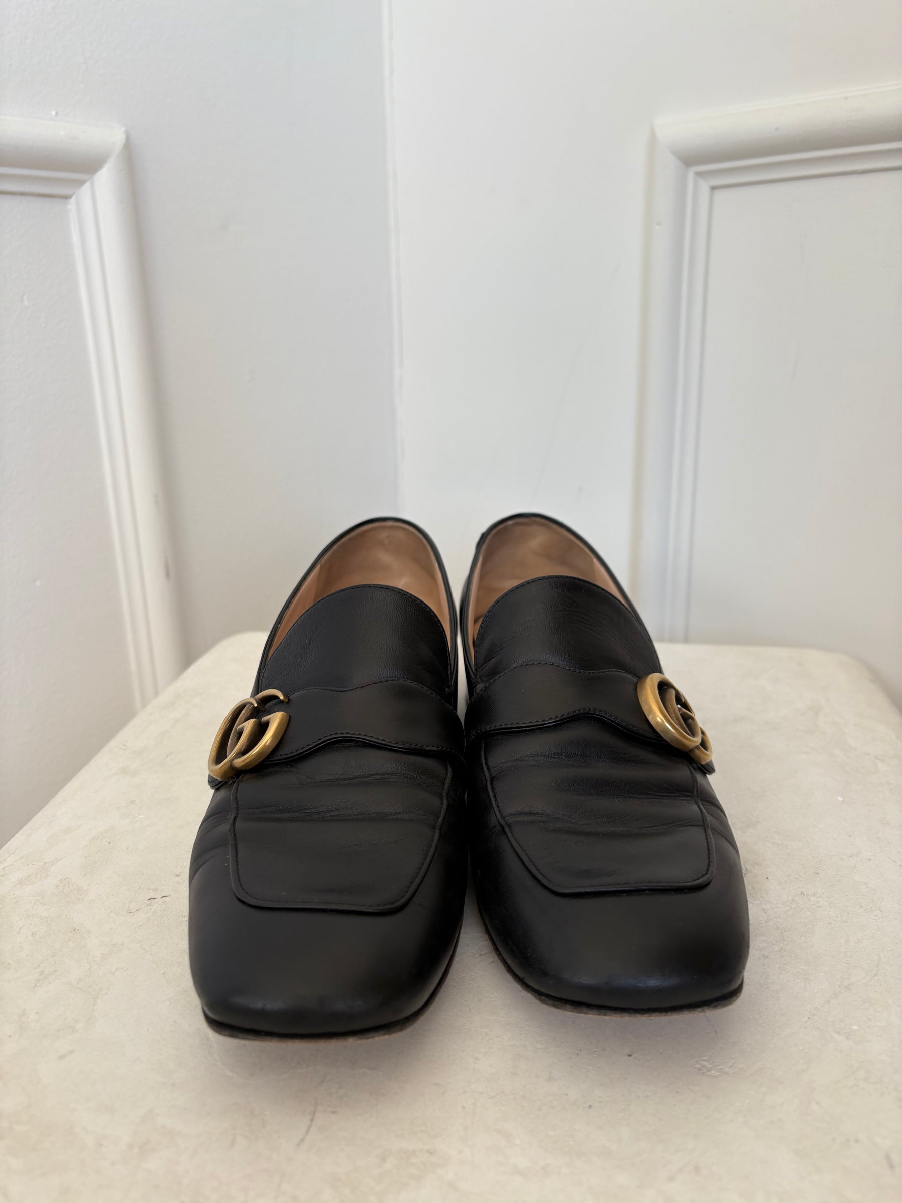 Gucci Black Leather Marmont Heeled Loafer, 41