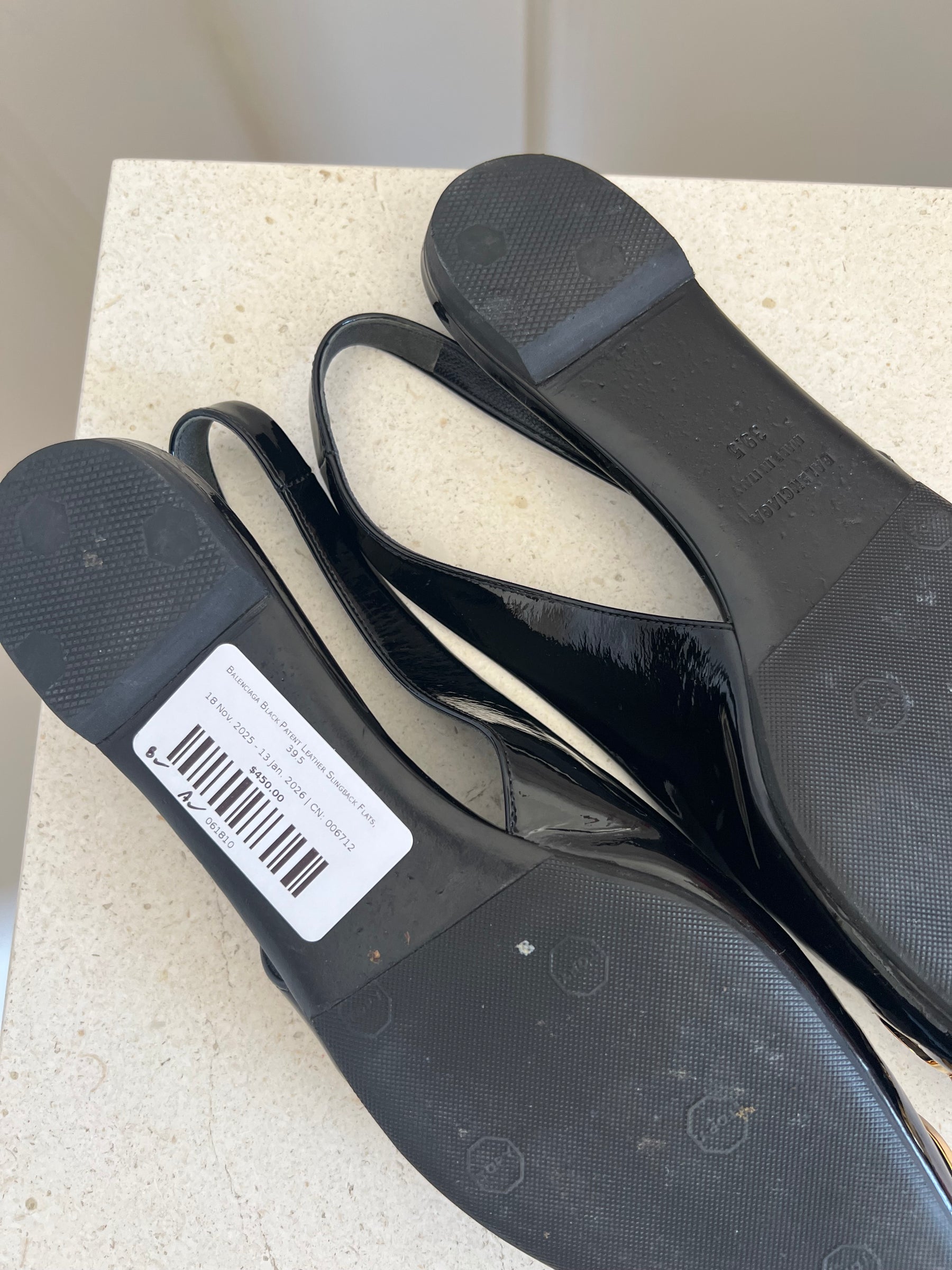 Balenciaga Black Patent Leather Slingback Flats, 39.5