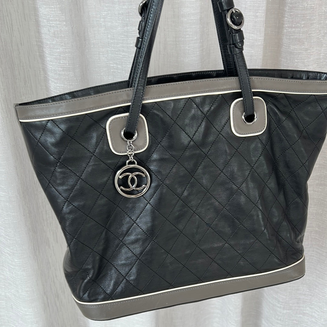 Chanel Black Leather Tote with Grey Trim