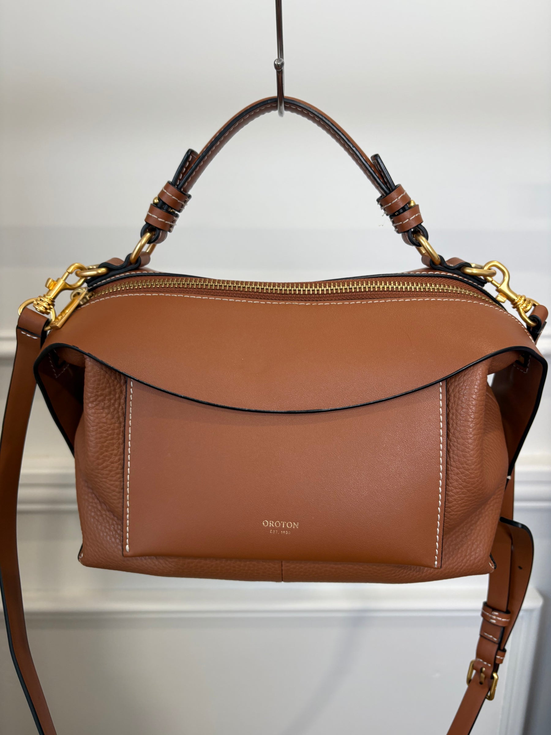 Oroton Tan Leather Top Handle Crossbody Bag