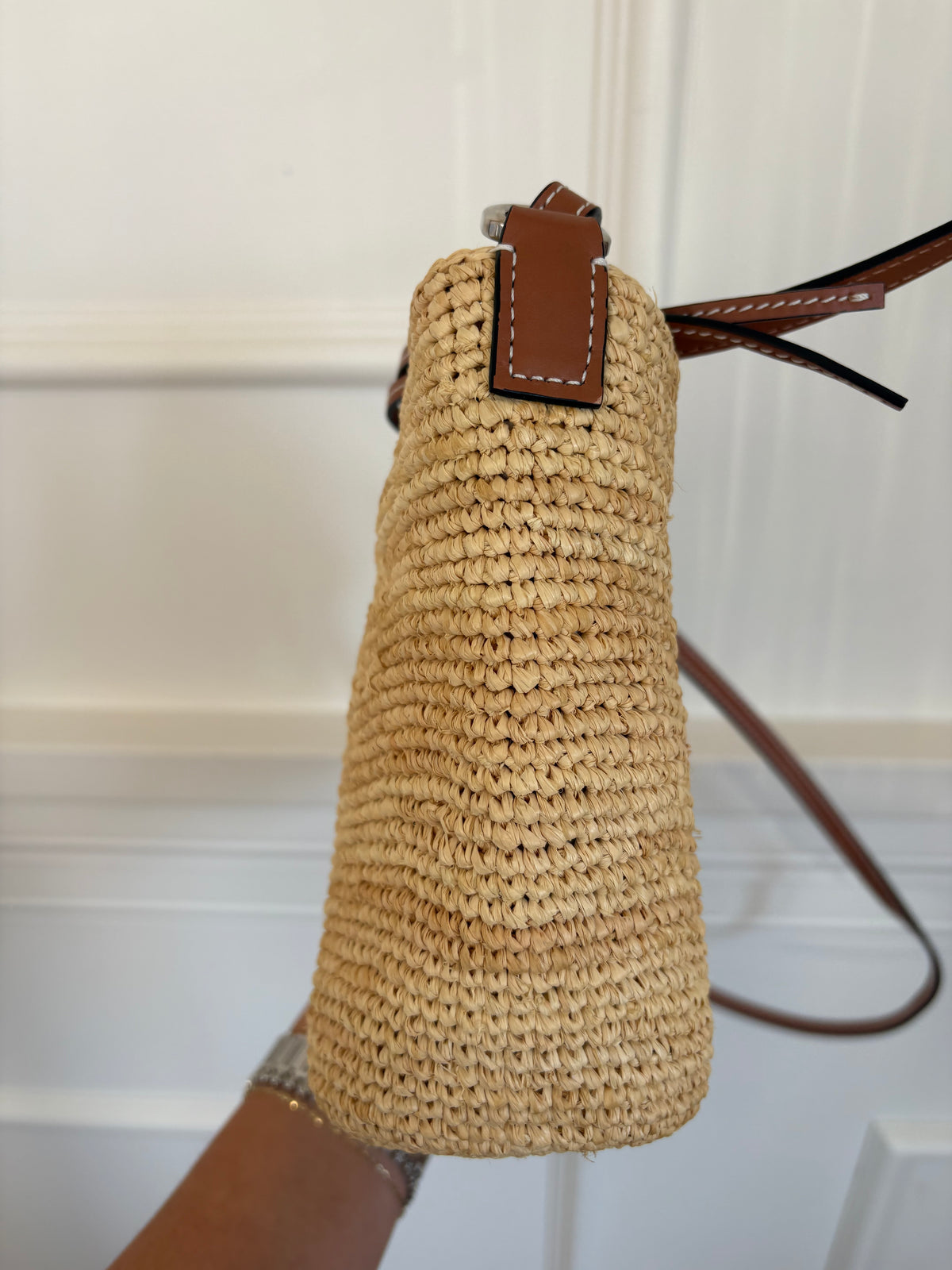 Loewe Raffia and Tan Leather Slit Pochette Crossbody Bag