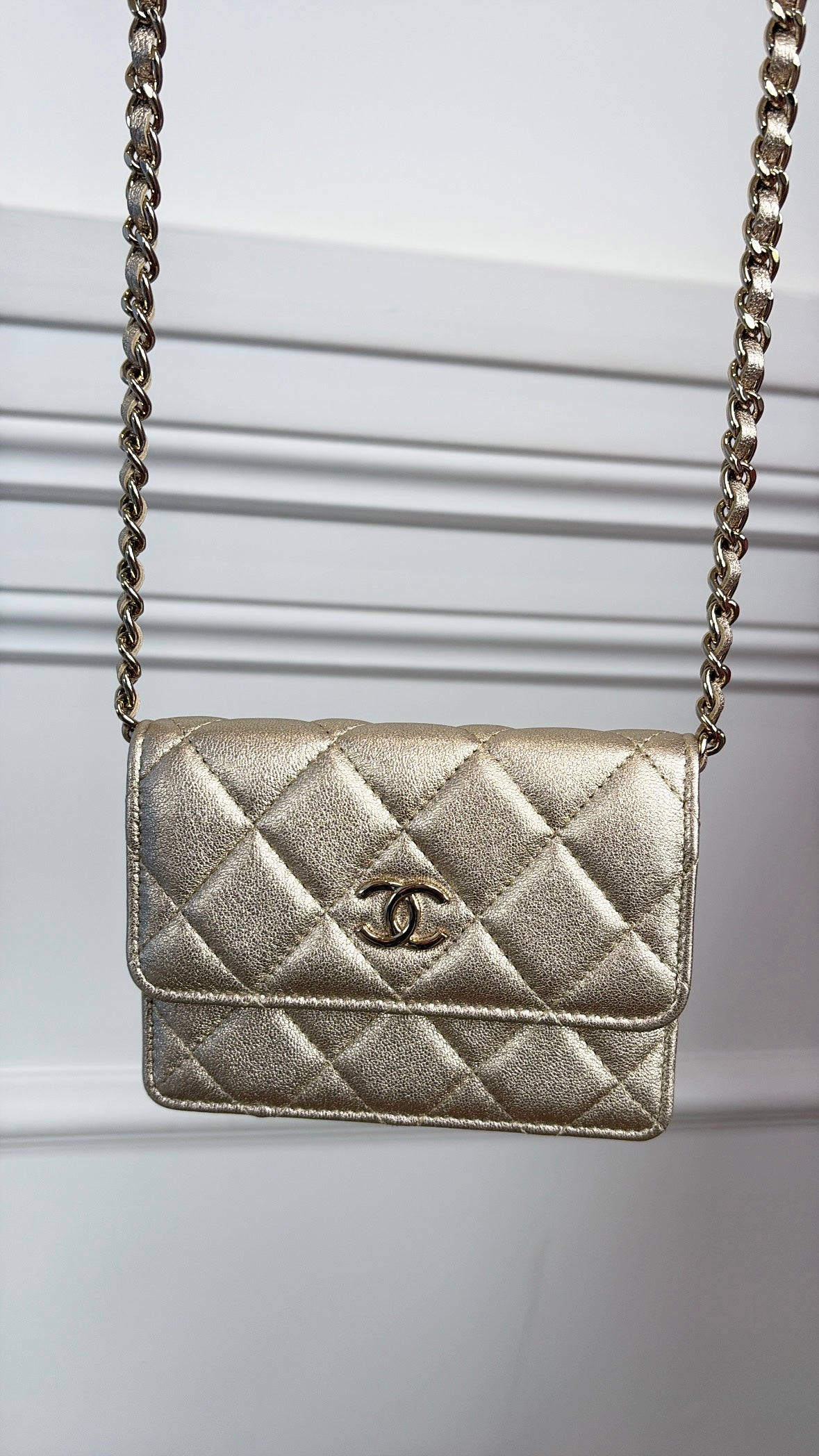 Chanel Gold Leather Camellia Strap Mini Card Holder on Chain