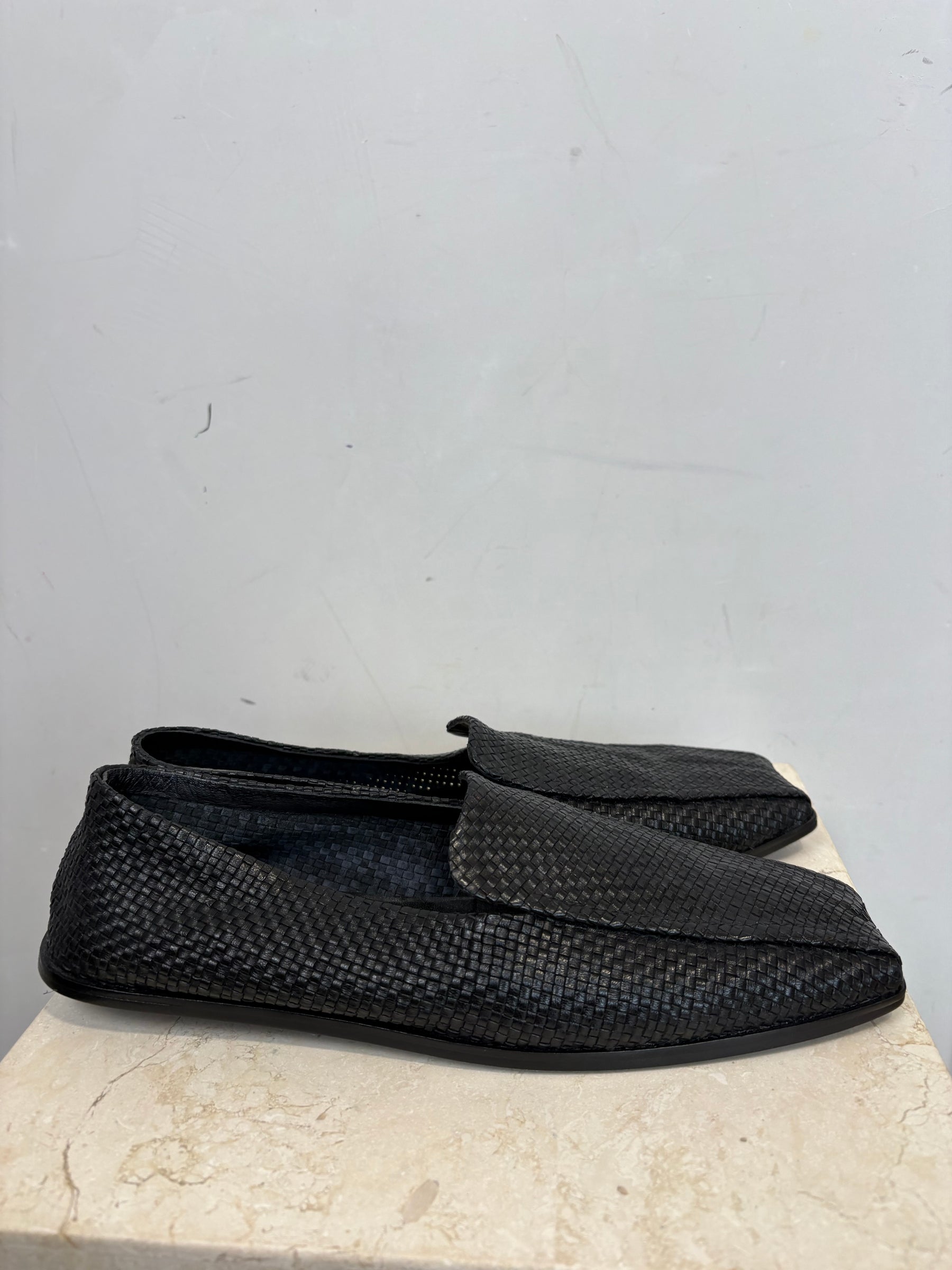 St. Agni Black Woven Leather Square Toe Flats, 40