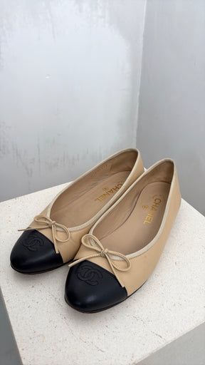 Chanel Beige Black Ballet Flats, 38