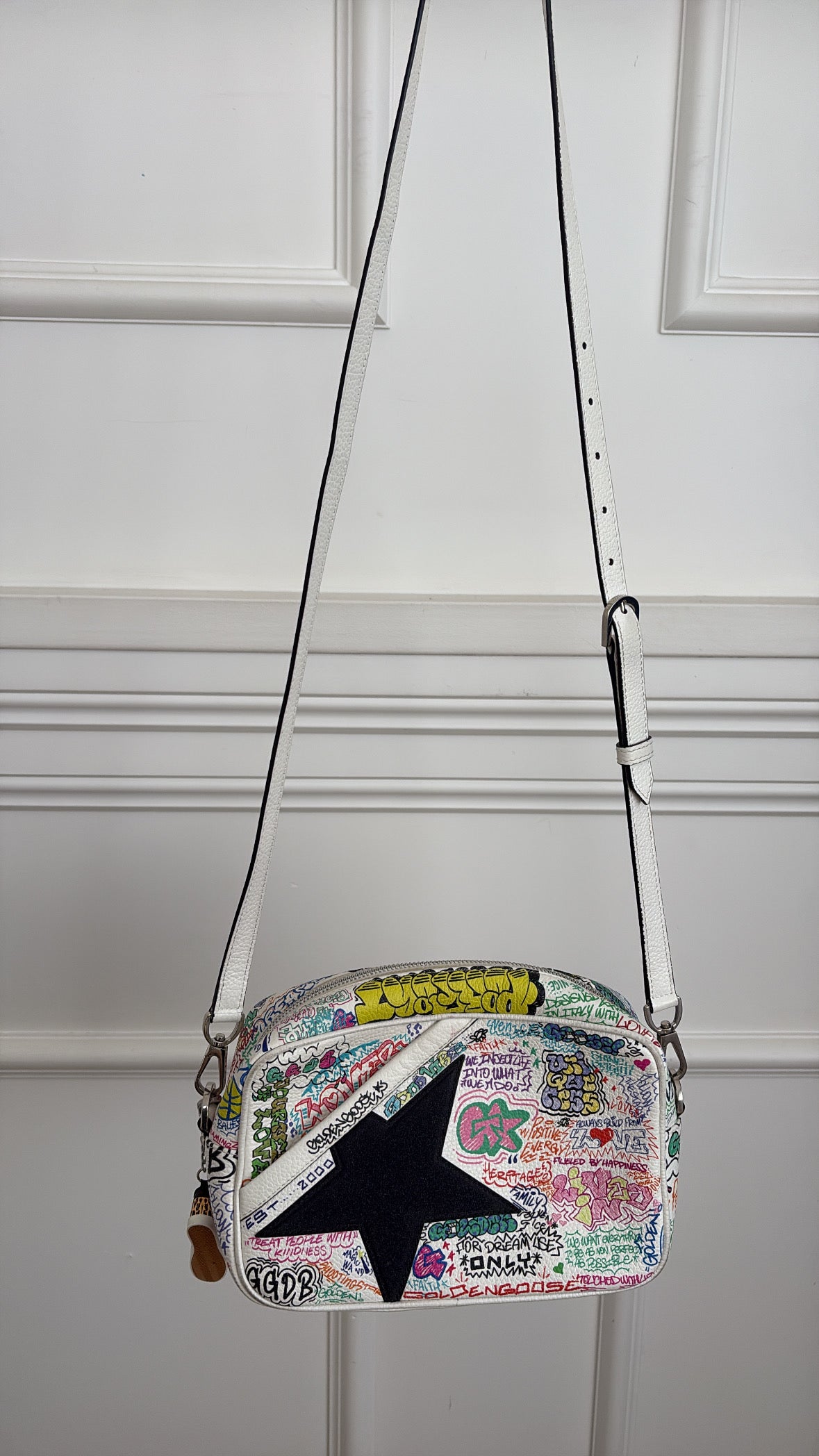 Golden Goose White Leather Graffiti Print Camera Bag