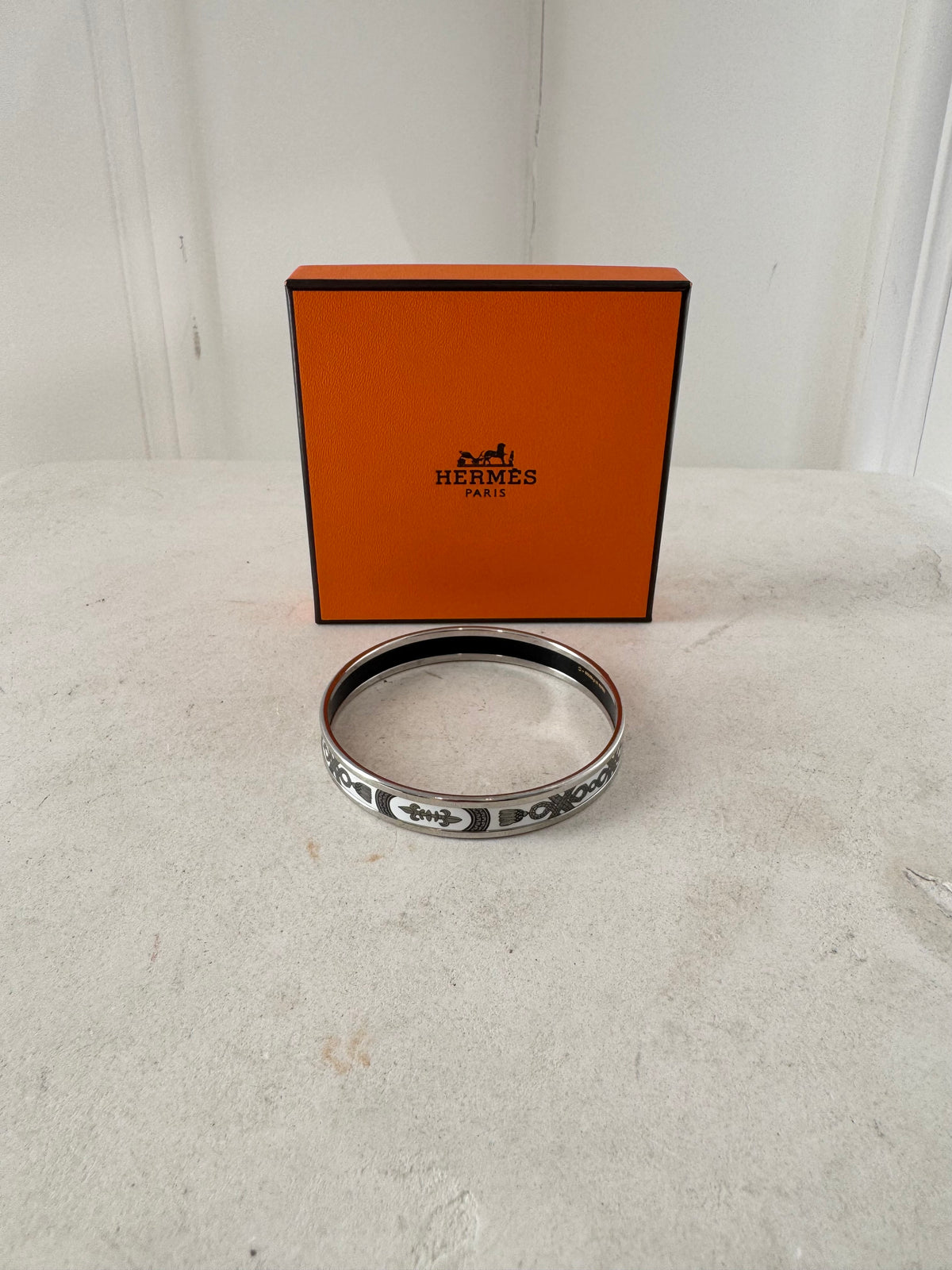 Hermes White and Silver Thin Rope Printed Enamel Bangle