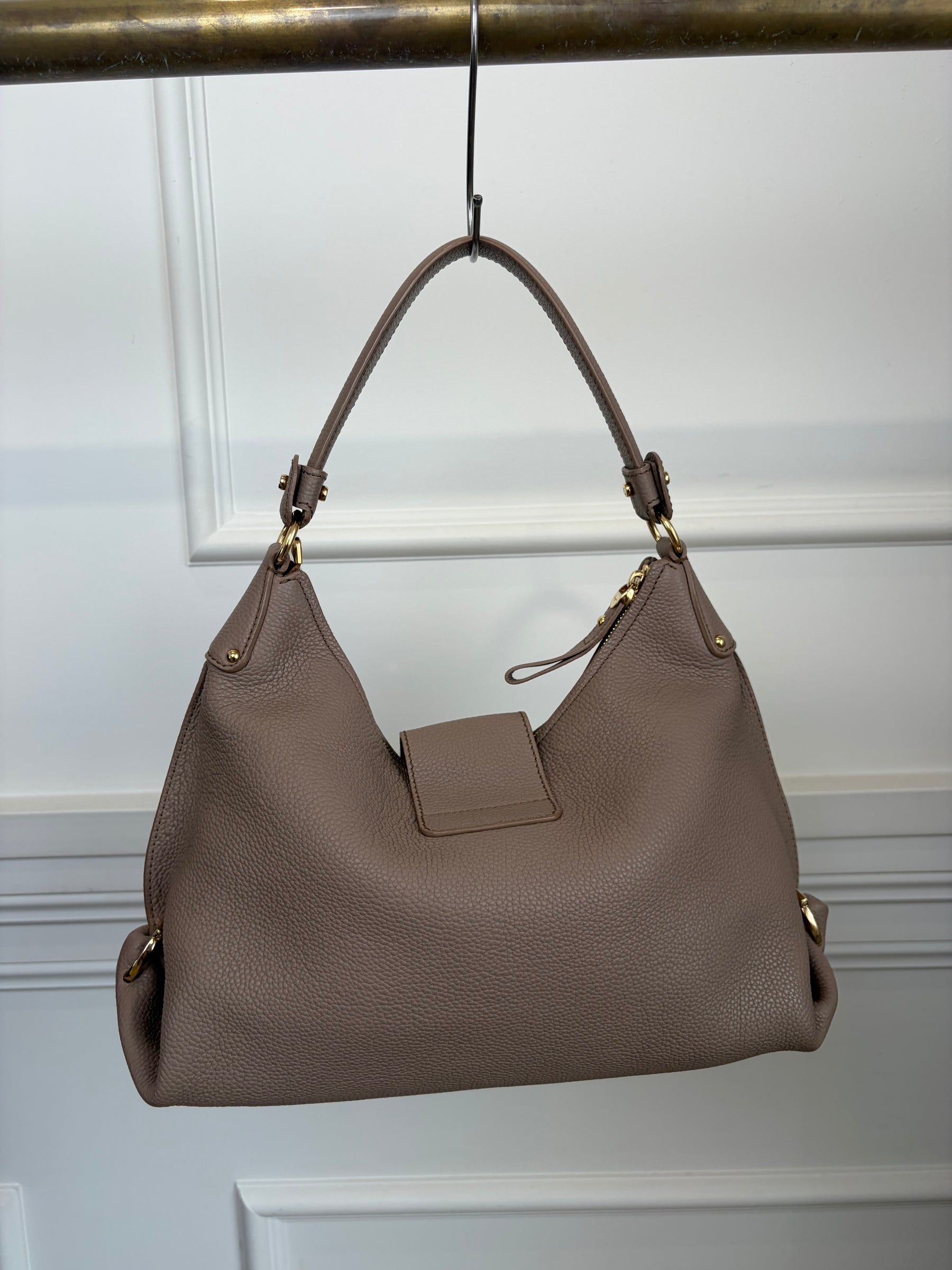 Salvatore Ferragamo Grained Leather Handbag In Taupe With Gold Tone HW