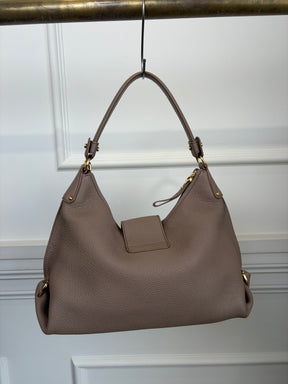Salvatore Ferragamo Grained Leather Handbag In Taupe With Gold Tone HW