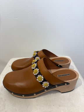 Fabrizio Viti Tan Leather Daisy Embellished Wooden Cloggs, 42