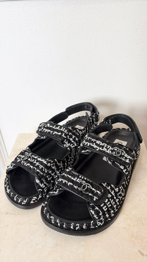 Chanel Black And White Tweed Dad Sandals, 37C