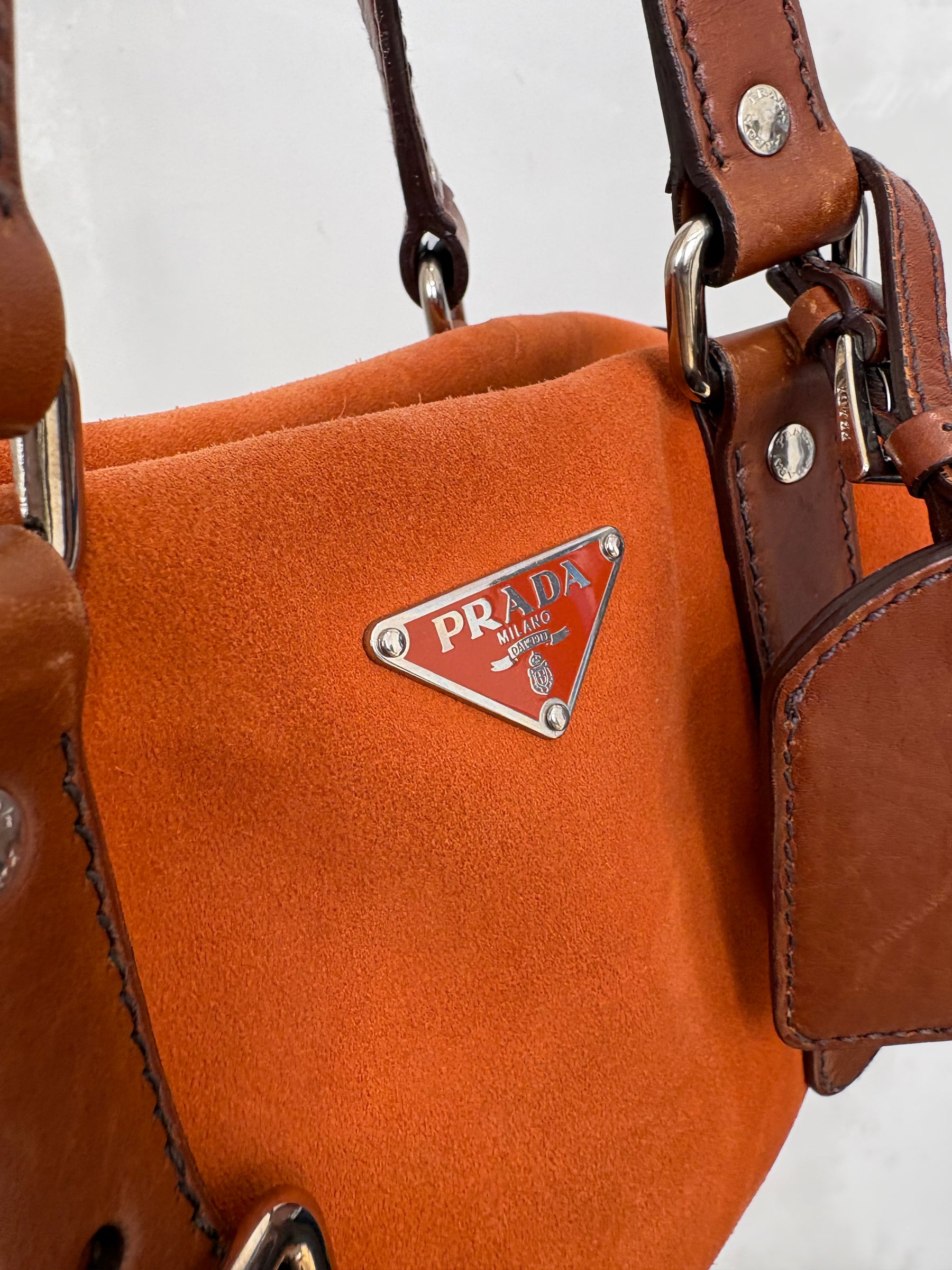 Prada Orange Suede and Brown Leather Bowling Bag