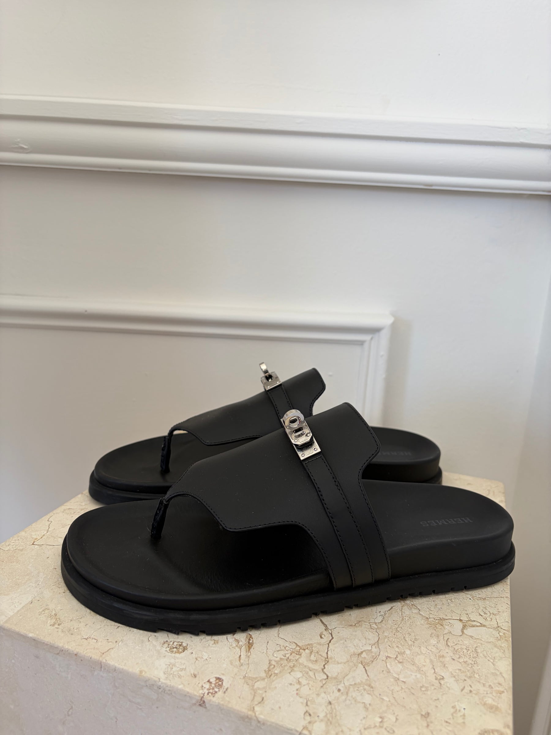 Hermès Black Leather Empire Sandals, 41