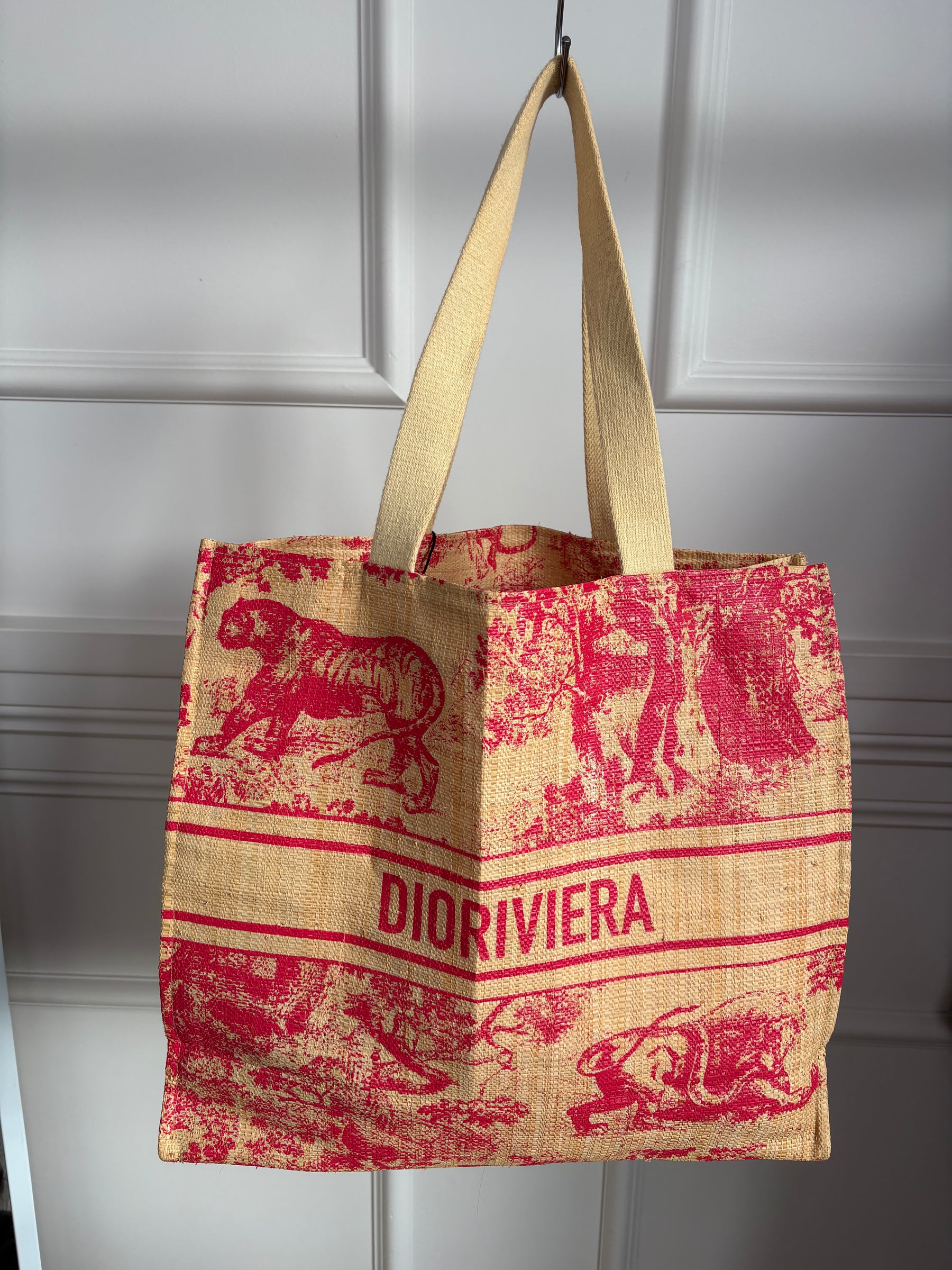 Dior Red Toile De Juoy Raffia Tote and Beach Towel SET