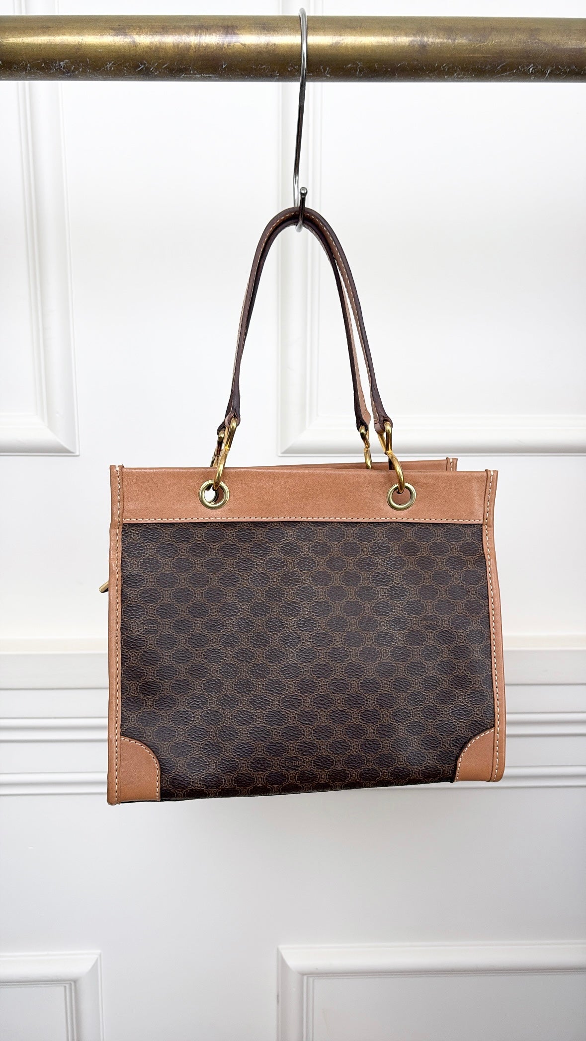 Celine Vintage Brown Canvas Monogram And Tan Leather Mini Tote Bag