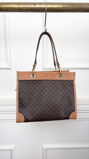 Celine Vintage Brown Canvas Monogram And Tan Leather Mini Tote Bag