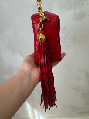 Chanel Red Leather Turn Lock Logo Tassel Camera Bag
