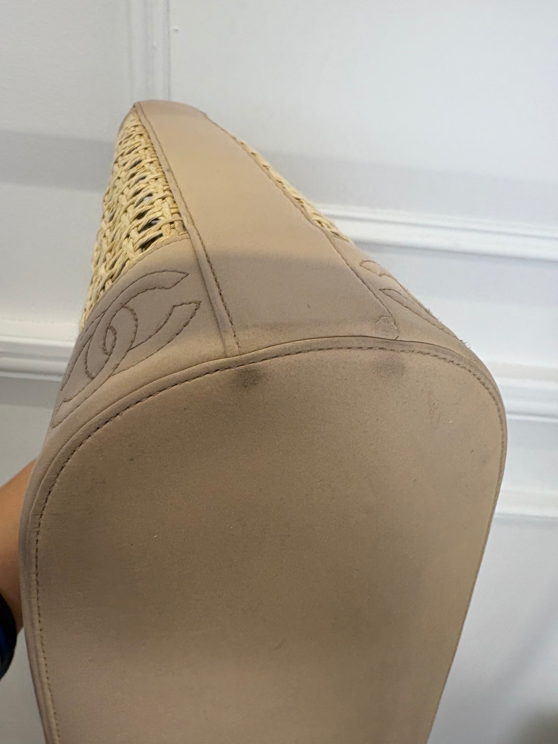 Chanel Beige Leather Raffia Logo Tote Bag