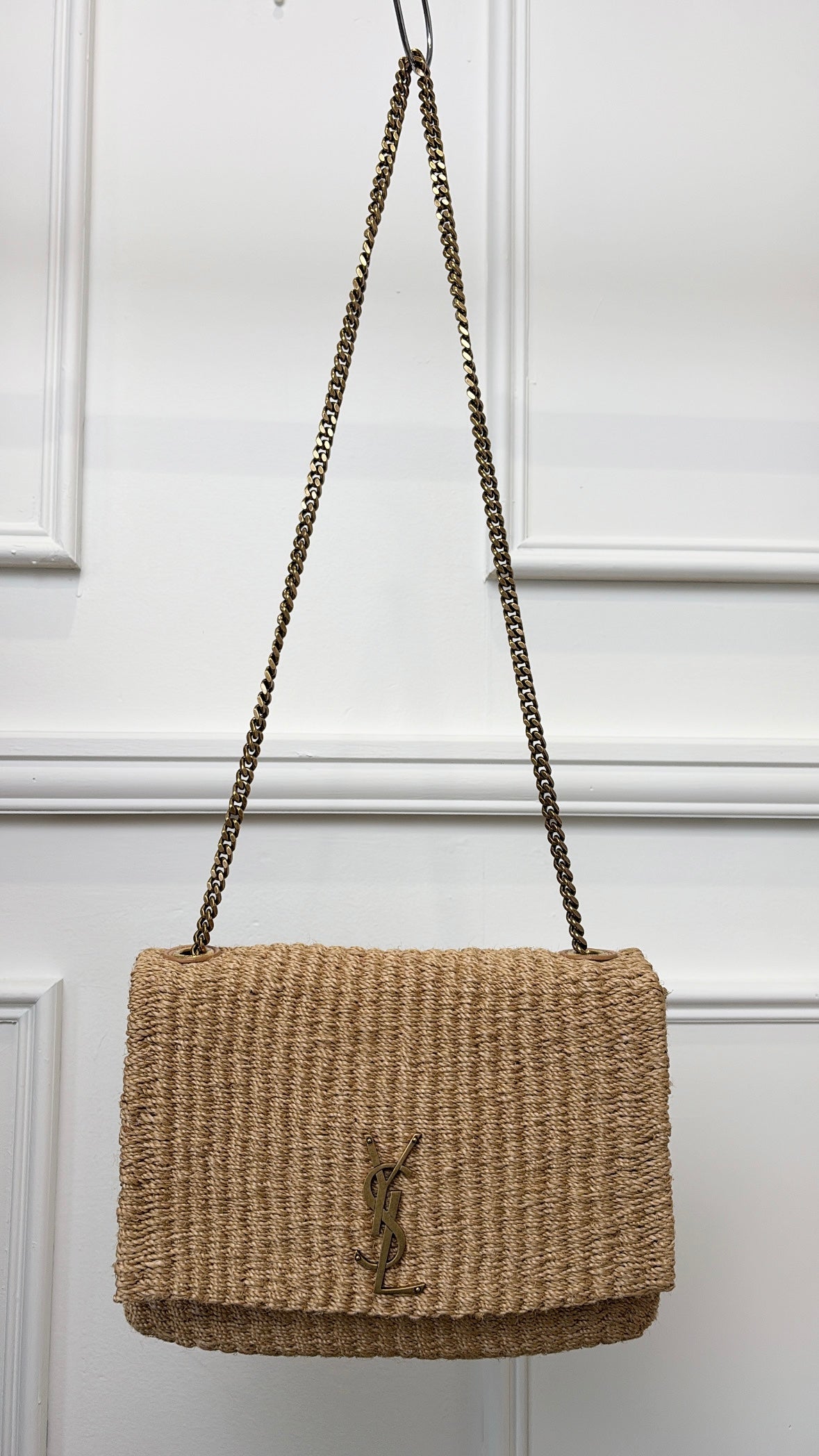 Saint Laurent Raffia Envelope Shoulder Bag Cassandre Logo Chain Strap