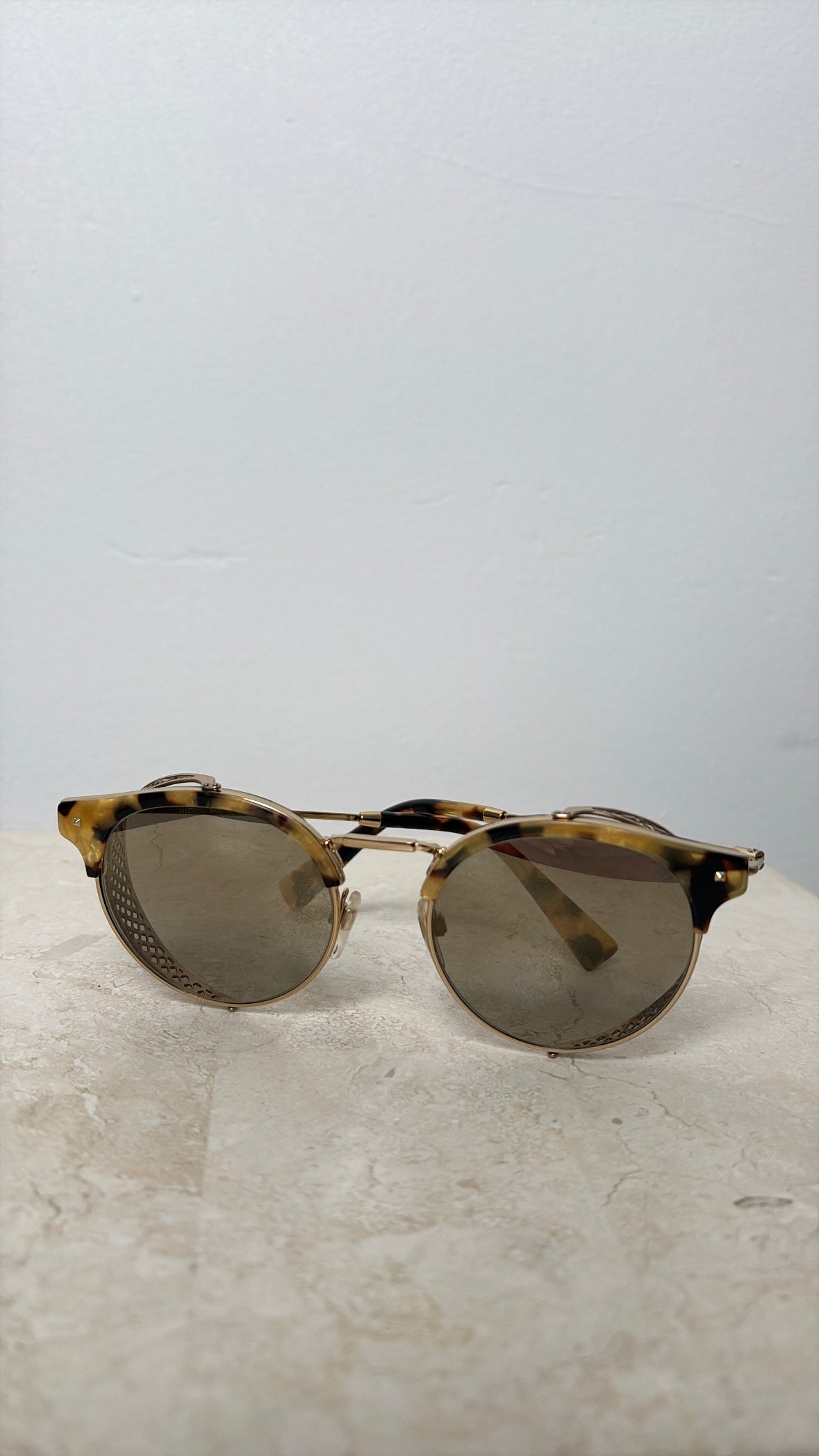 Valentino Gold Tone and Tortoiseshell Round Sunglasses