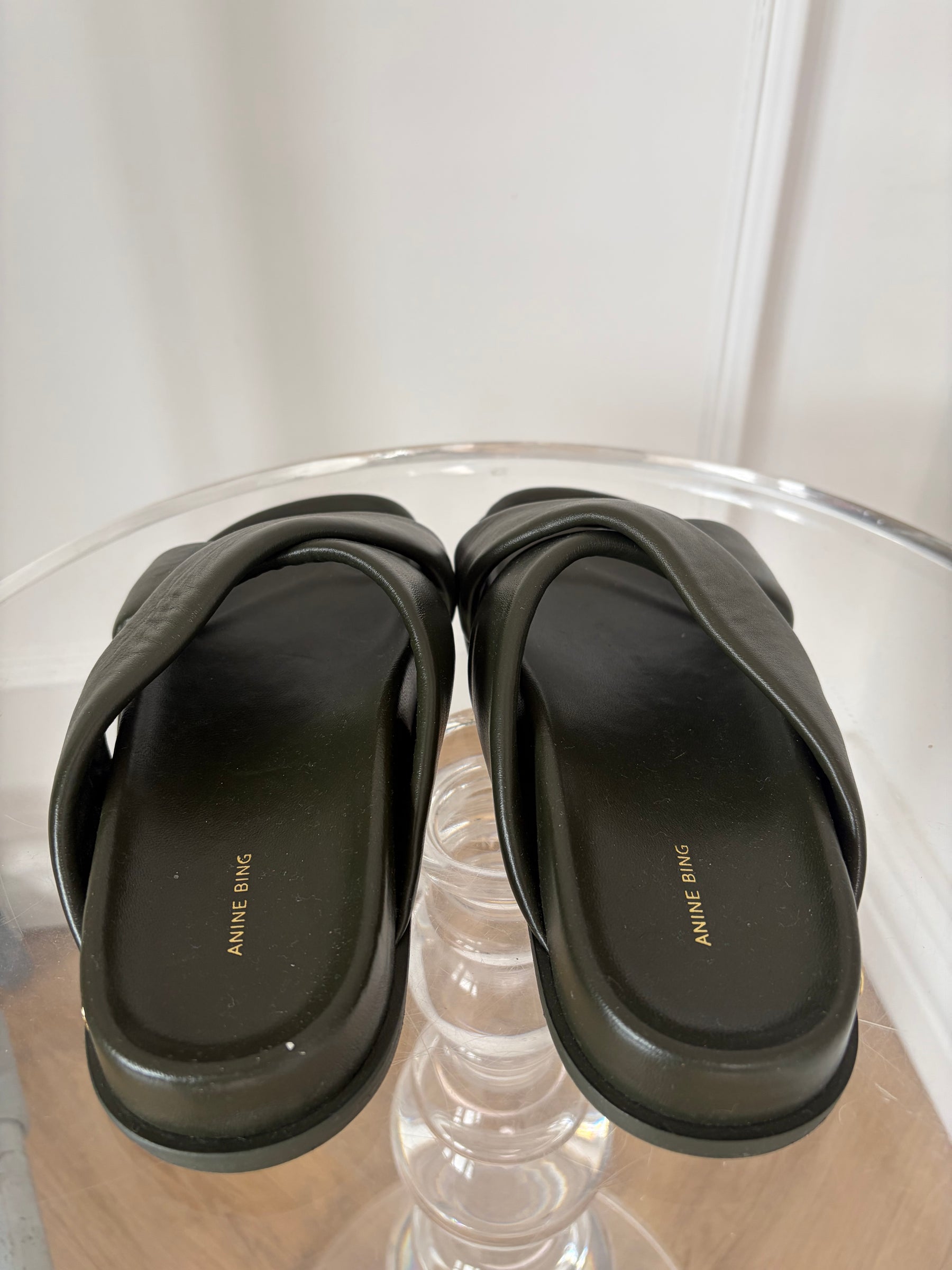 Anine Bing Olive Green Leather Cross Slides, 37