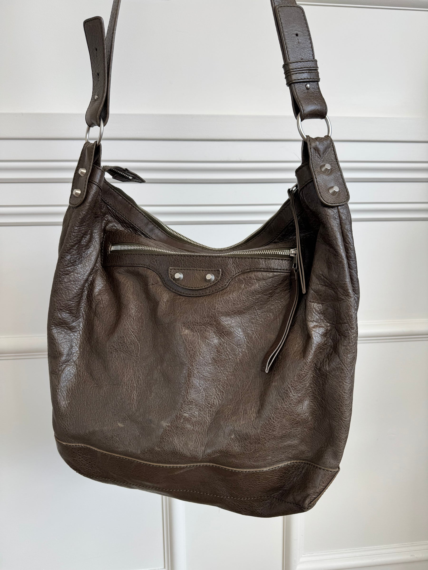 Balenciaga Dark Khaki Crossbody City Hobo Bag
