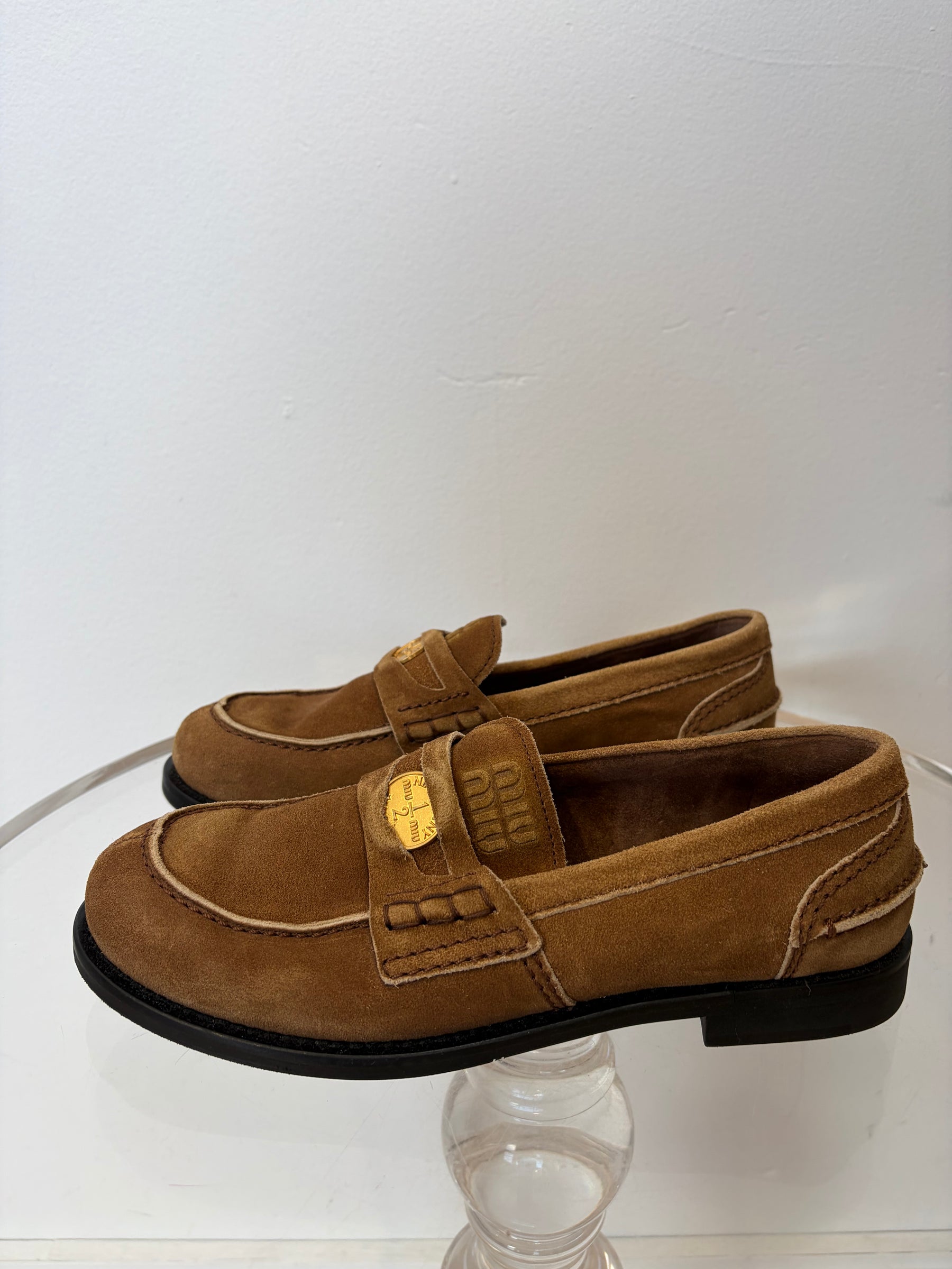Miu Miu Brown Suede Penny Loafers, 37