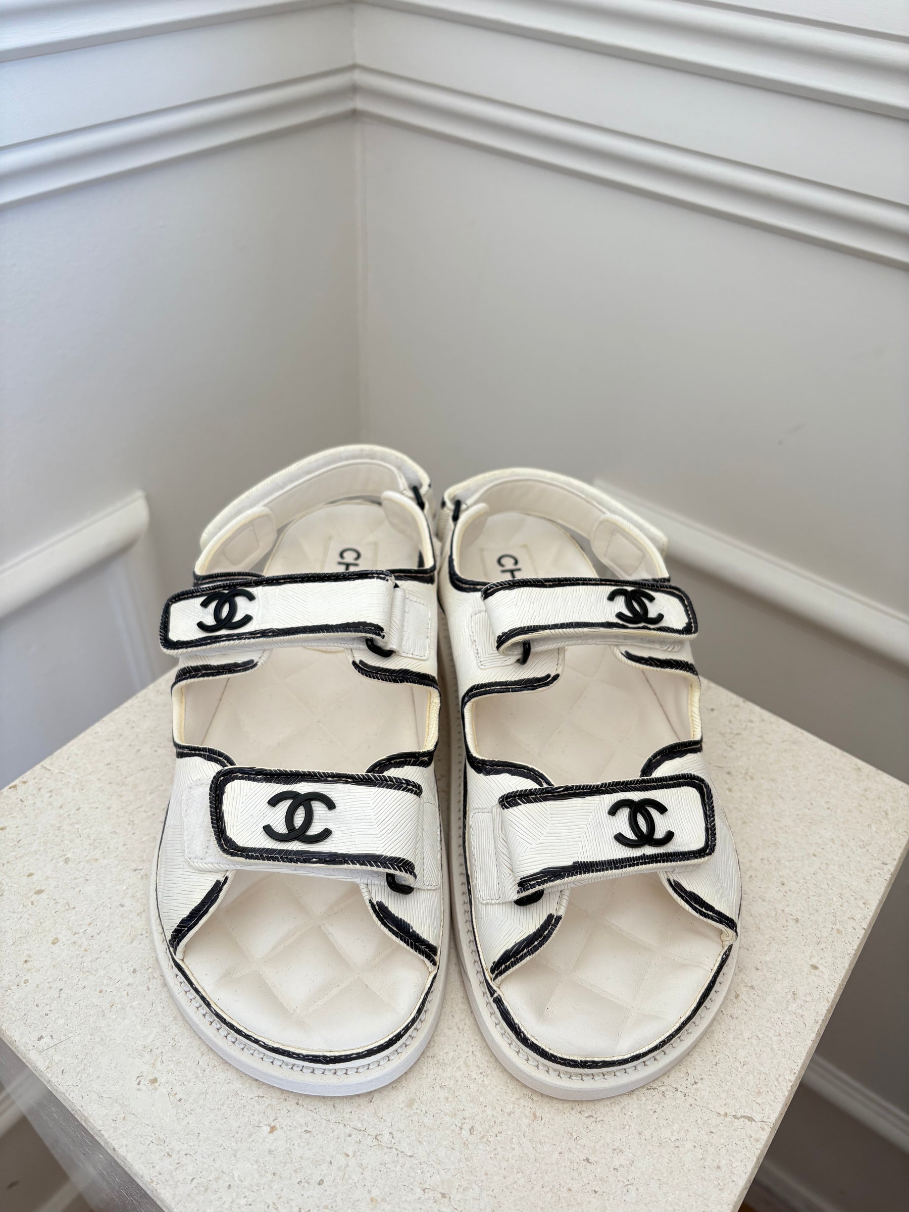Chanel White and Black Sketch Print Dad Sandals, 37.5