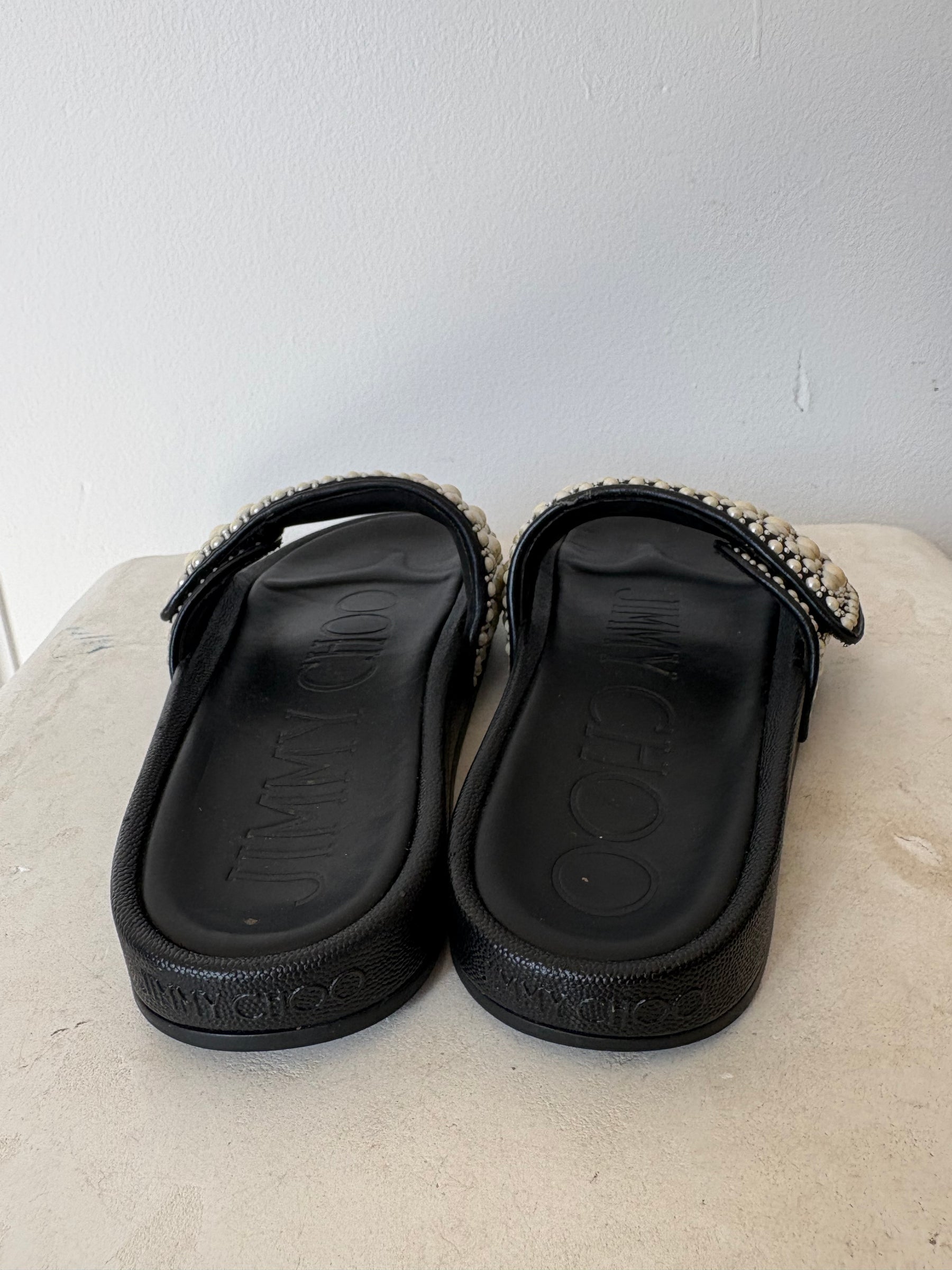 Jimmy Choo Pearl Embellished Rubber Slides, 38