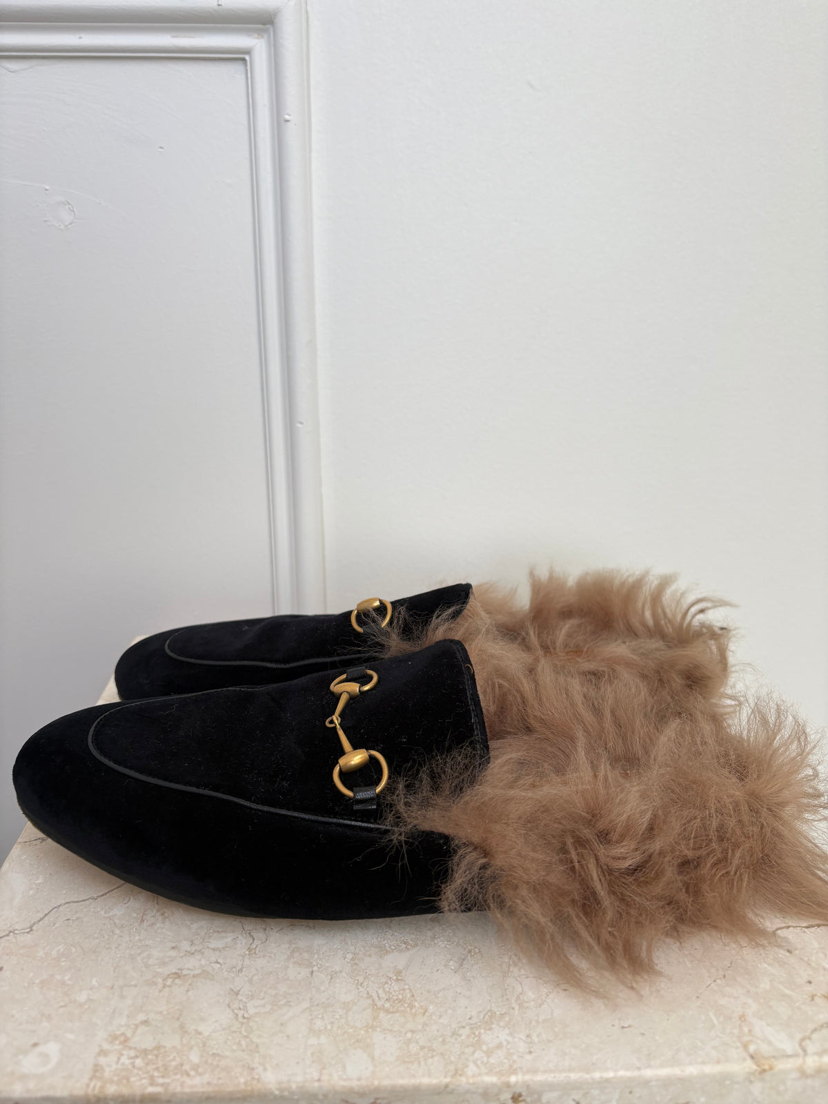 Gucci Velvet Shearling Princetown Mules, 41