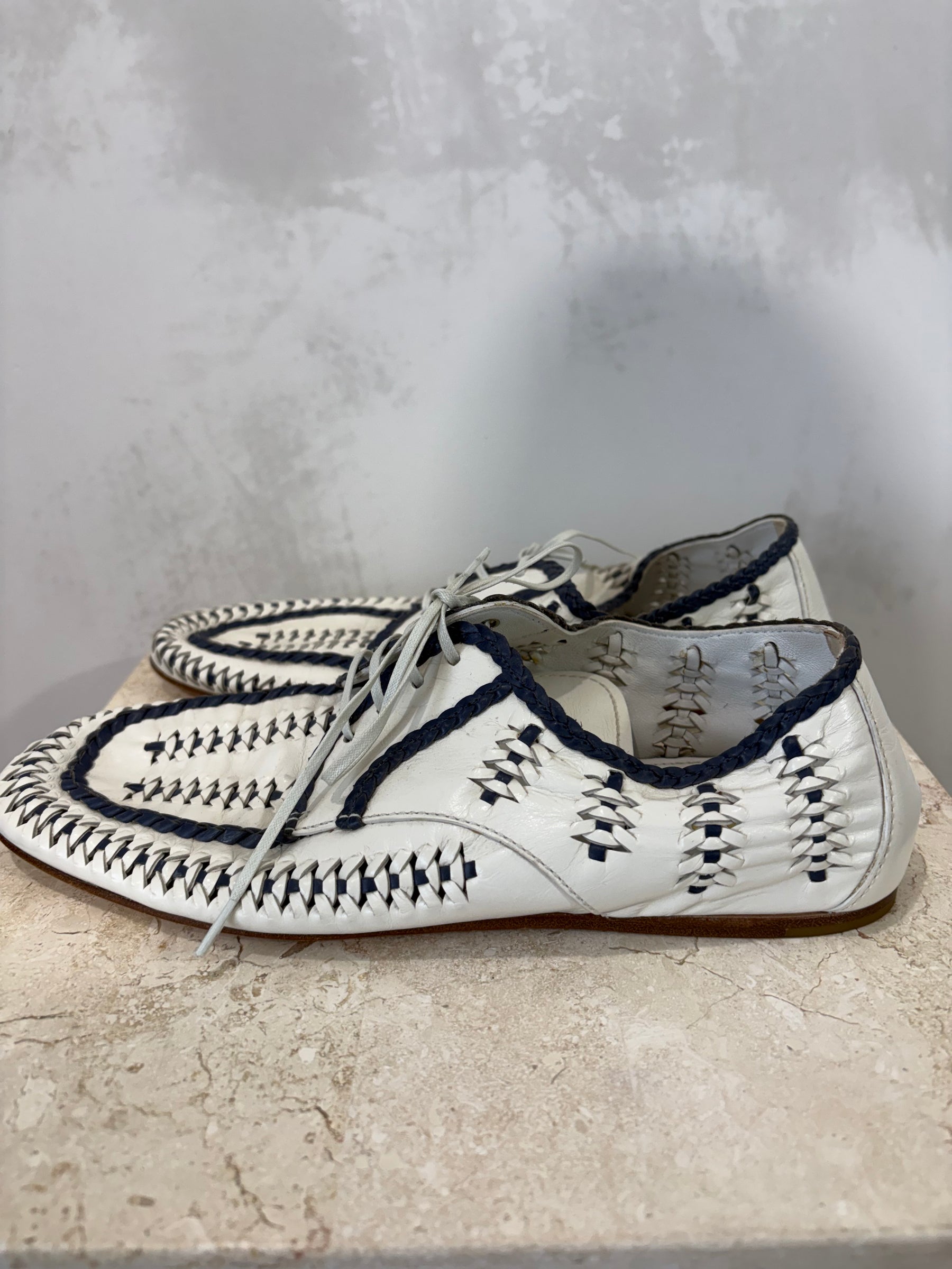 Prada Leather Lace Ups White and Navy, 40