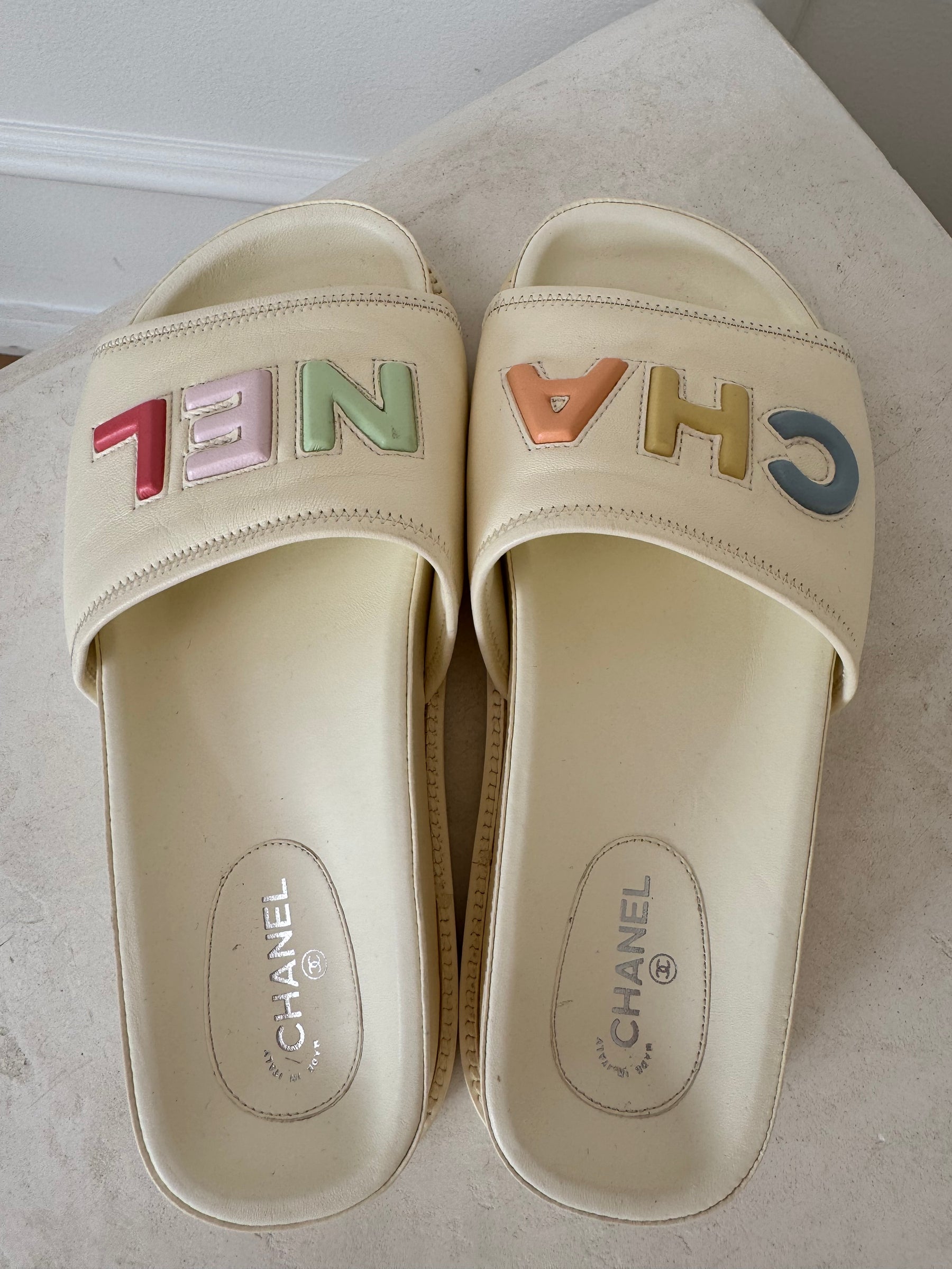 Chanel Cream Leather Slides With Pastel Logo, 38 C